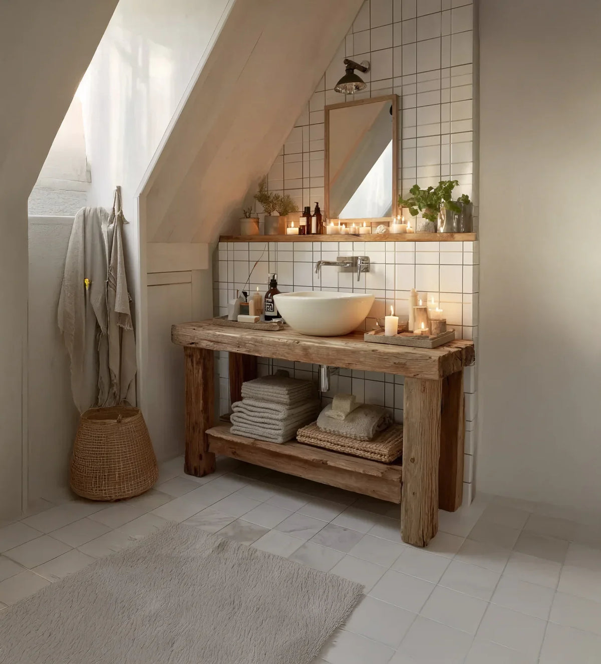 Rustic bathroom with wooden vanity, vessel sink, candles, plants, folded towels, and white tile walls