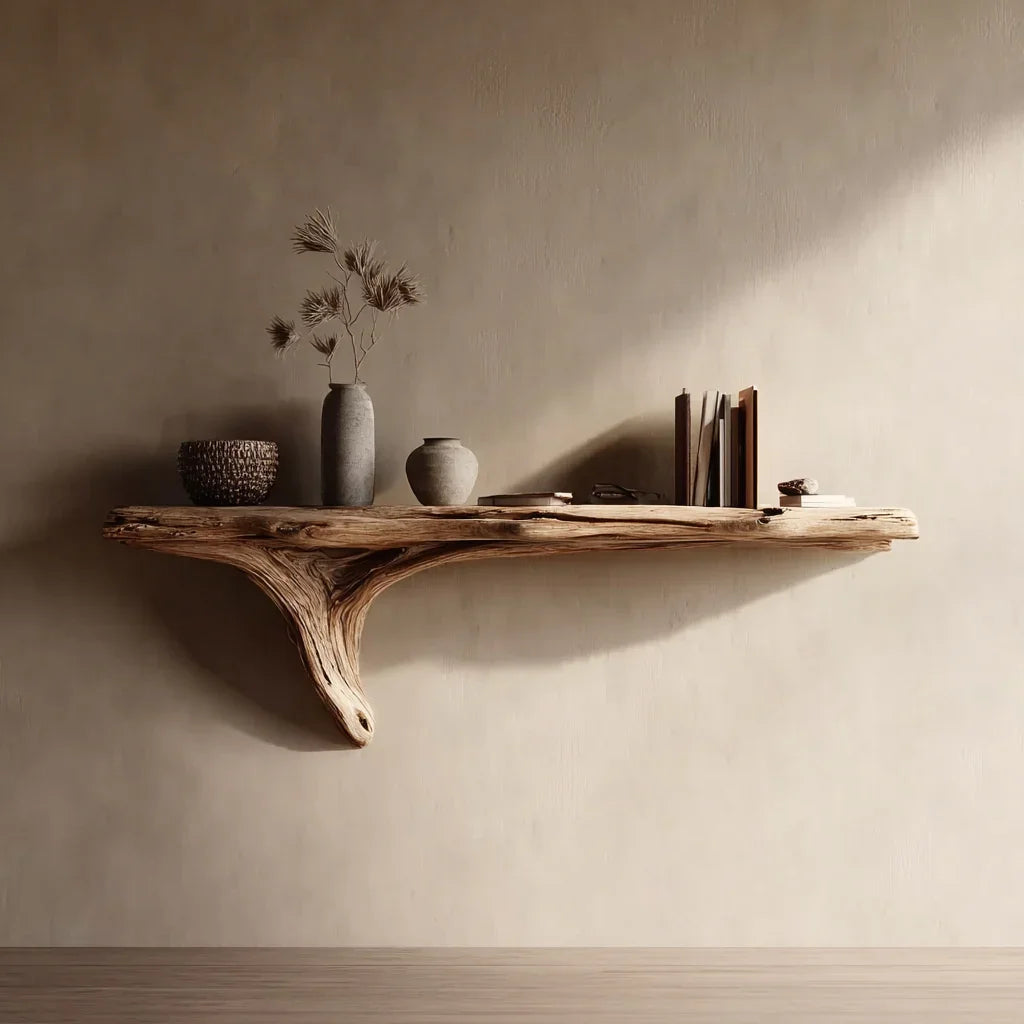 Live edge solid wood floating shelf with vases, books, and decor against a neutral wall