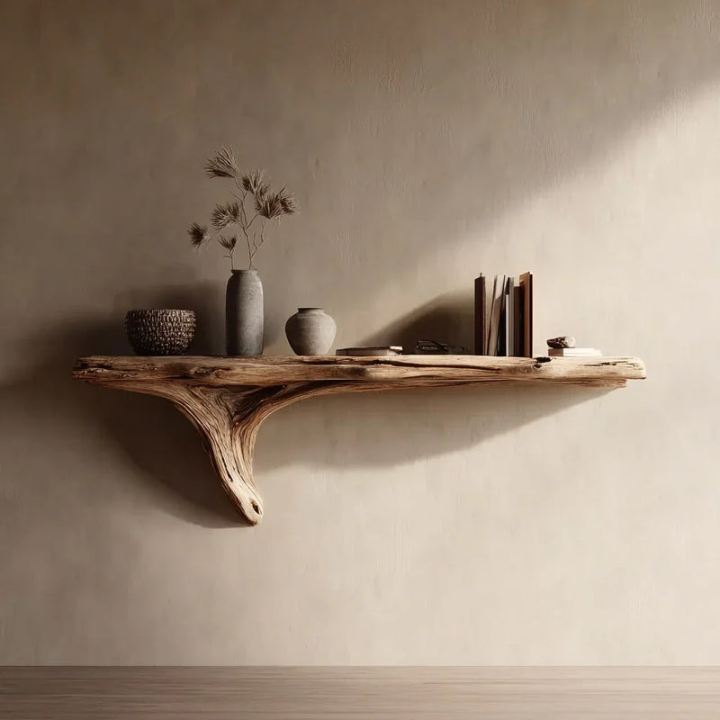 Live edge solid wood floating shelf with vases, books, and decor against a neutral wall