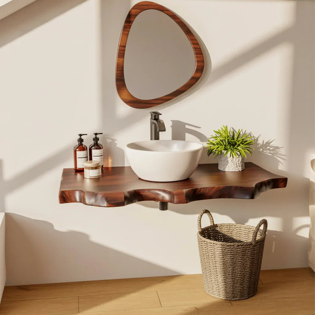 Live edge wood floating vanity with vessel sink, modern mirror, and potted plant in sunlight