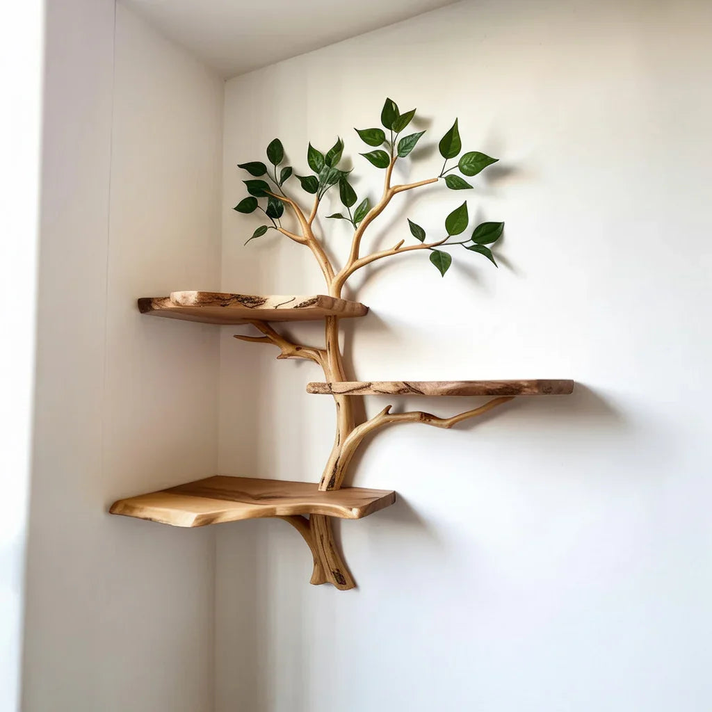 Solid wood tree bookshelf with live edge floating shelves and leaf accents in a corner