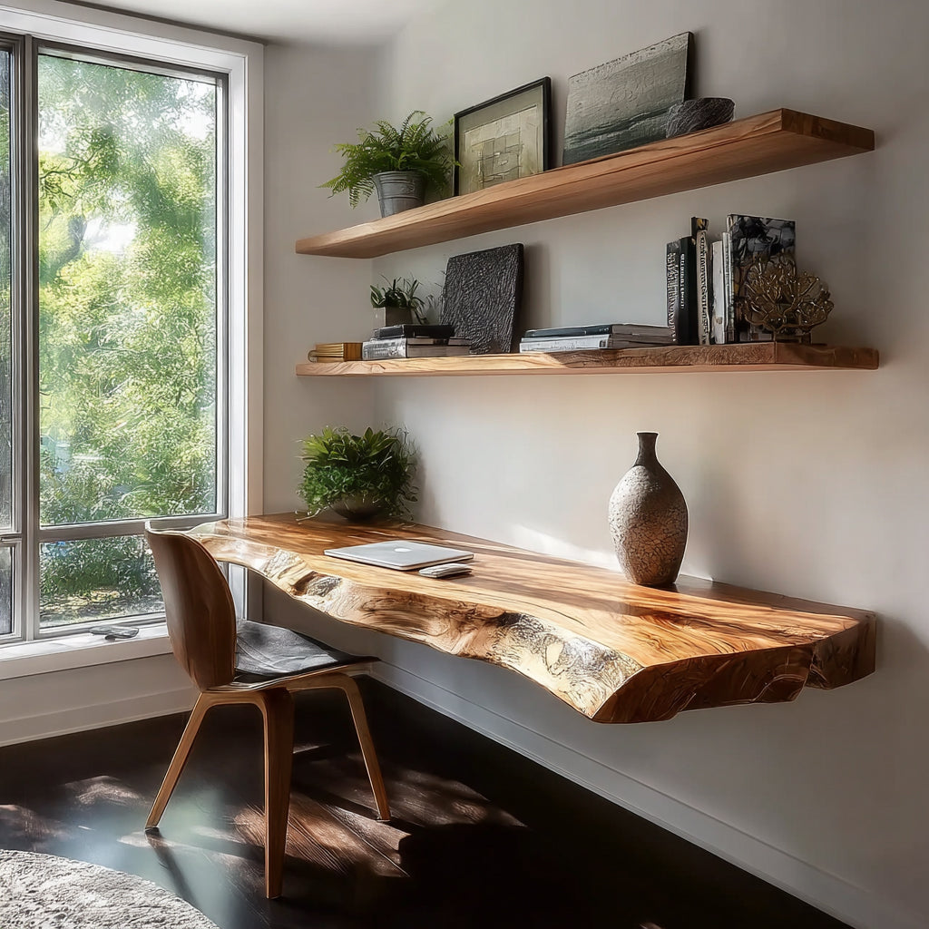 Modern minimalist workspace with live edge wood desk, floating shelves, chair, plants, and large window