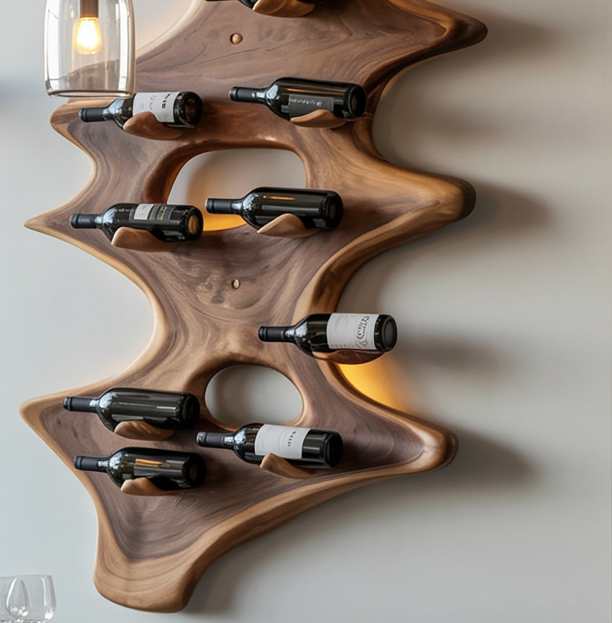 Modern wooden wall-mounted wine rack holding eight bottles in a unique sculptural design