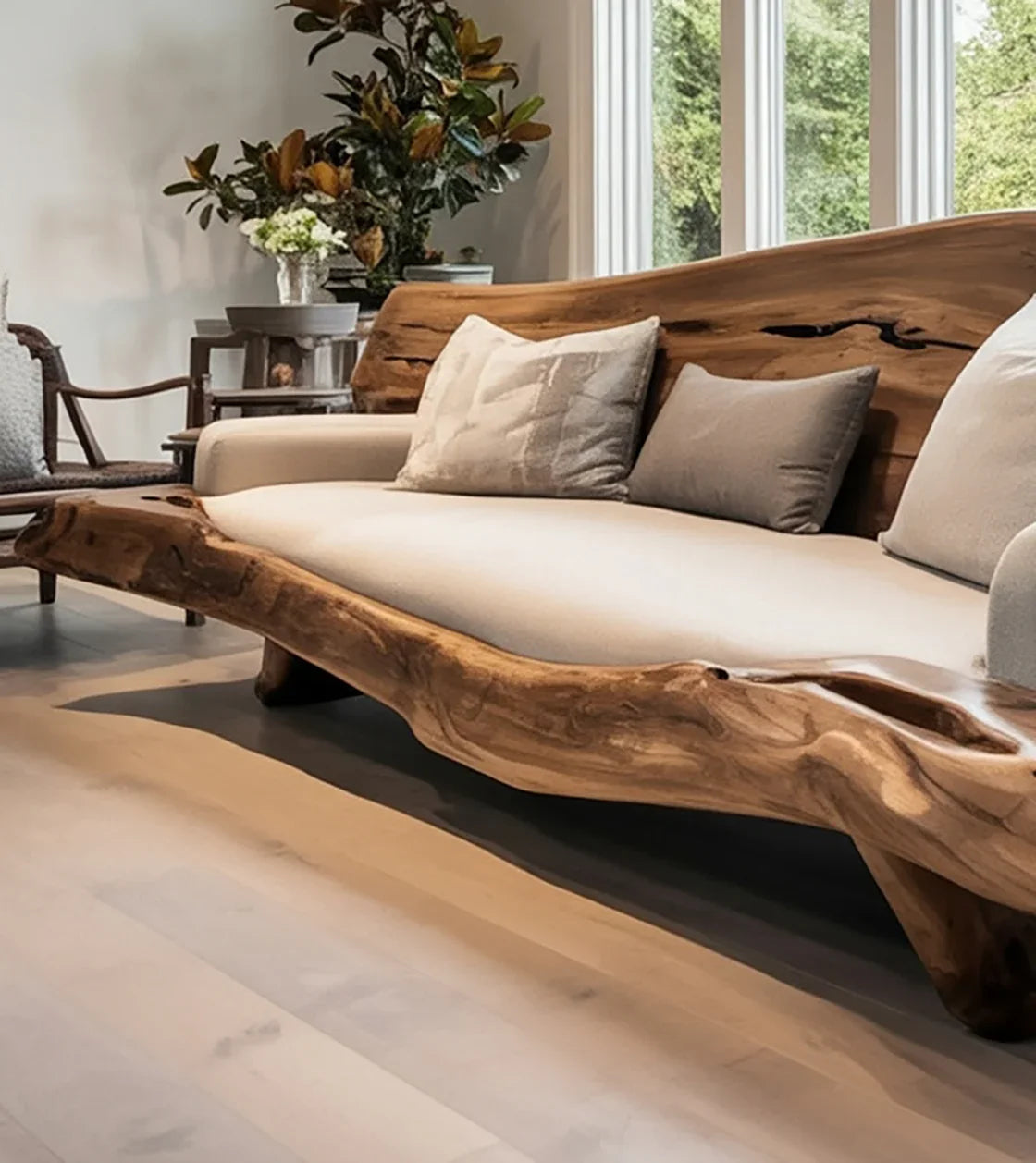 Live edge solid wood sofa with light beige cushions in a modern living room