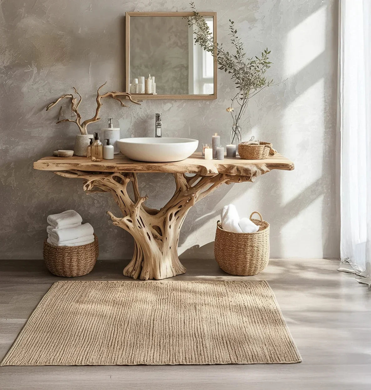 Rustic bathroom with live edge wooden sink vanity, round vessel sink, wicker baskets, and candles