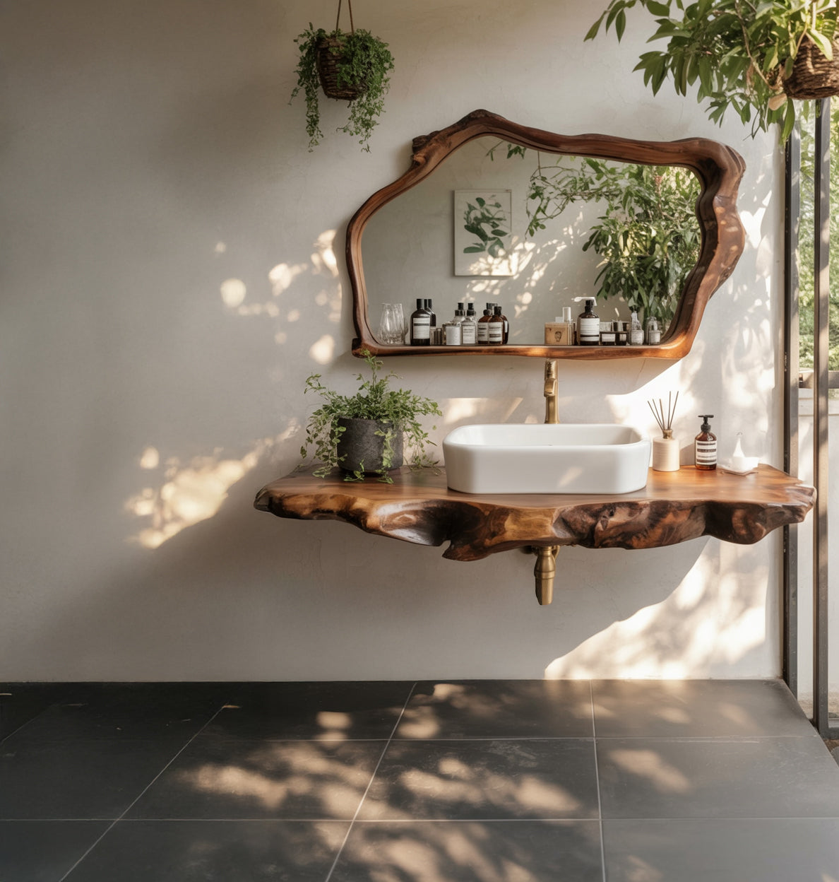 Rustic bathroom sink with live edge wood countertop, irregular framed mirror, greenery, and natural light