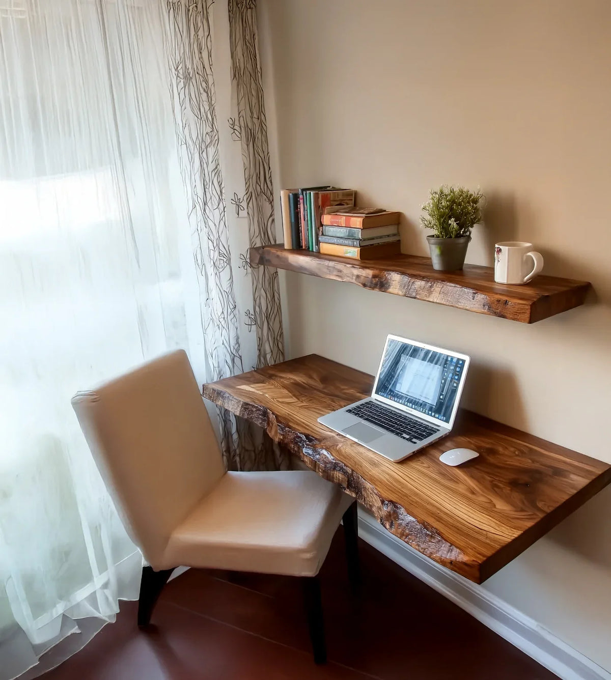 Live edge wood floating desk and shelf set with laptop, books, and plant in modern home office