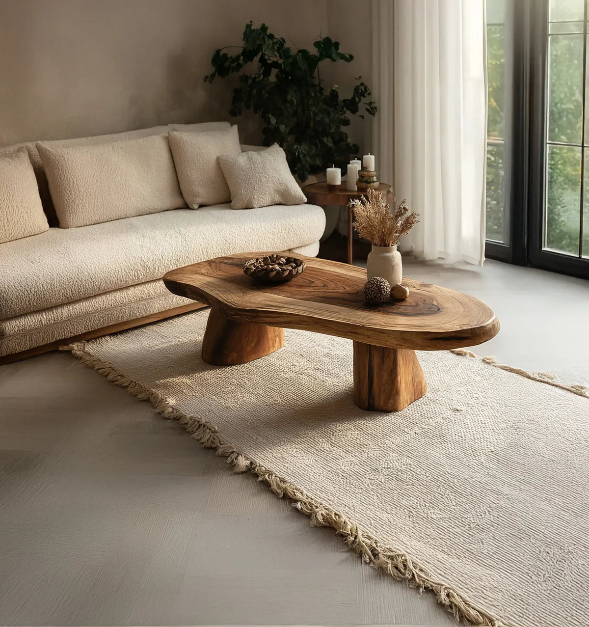 Modern living room with textured cream sofa, live edge wooden coffee table, beige rug, and natural decor