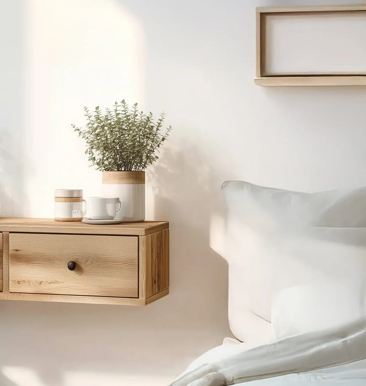 Minimalist bedroom with floating solid wood nightstand, potted plant, and white bedding