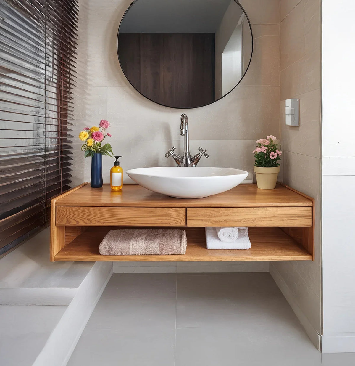 Solid wood floating bathroom vanity with vessel sink, round mirror, and decor plants
