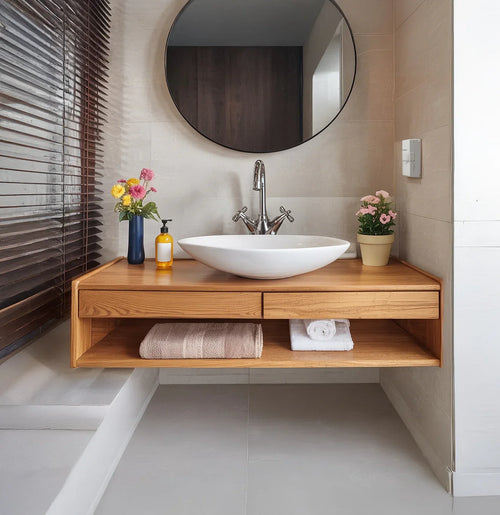 Floating Solid Wood Bathroom Vanity with Drawer – Modern Wall-Mounted Console