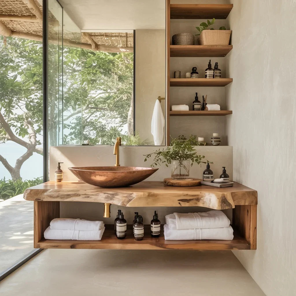 Live edge solid wood bathroom vanity with copper vessel sink, open shelving, and natural decor