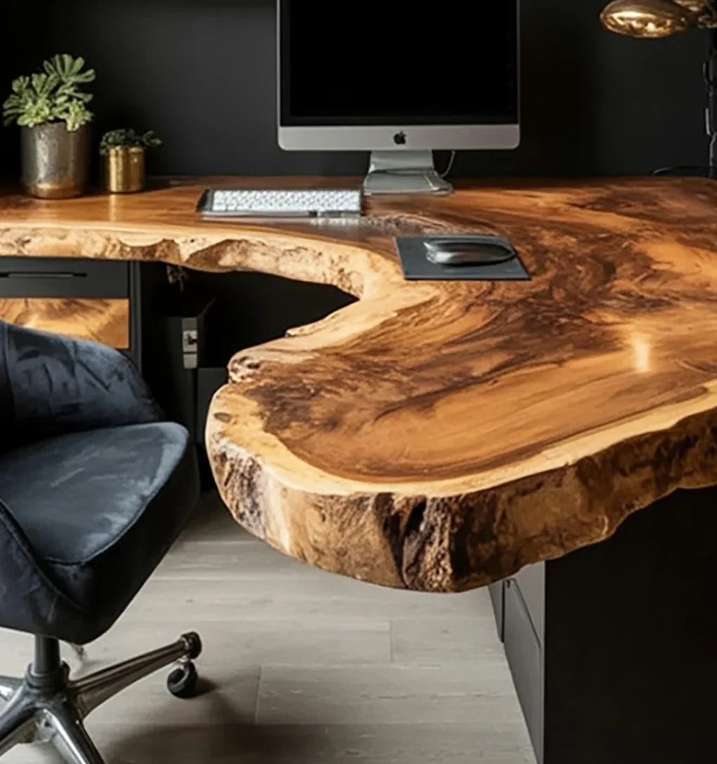 Live edge solid wood desk with unique grain, modern office setup and computer monitor. floating desk cable management tray grommet hole organized setup