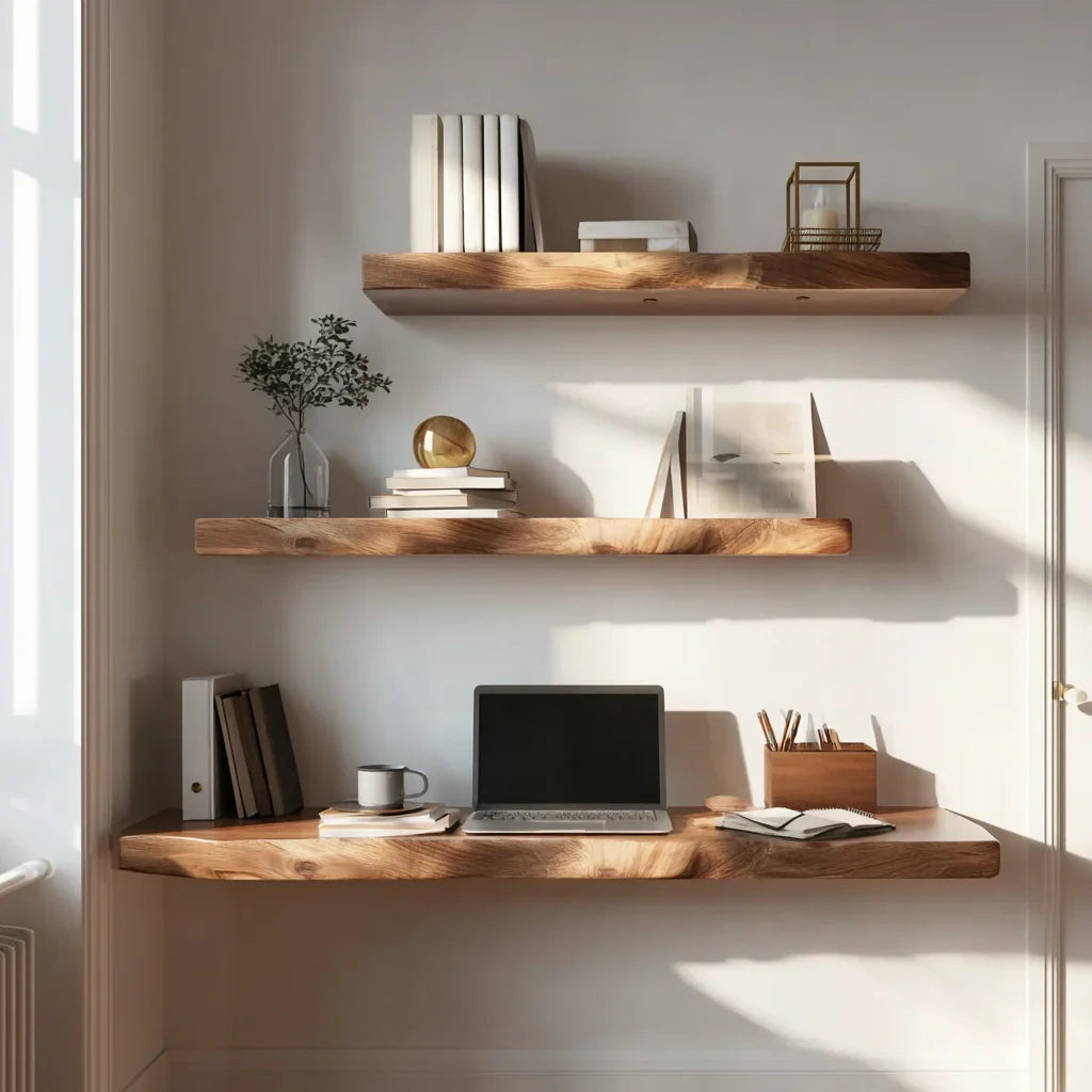 floating desk with shelves styled workspace shelf layout decor ideas. Minimalist home office with floating wood shelves, laptop, books, plant, and stationery on white wall