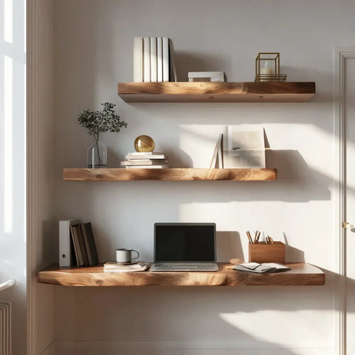 Live Edge Floating Desk – Solid Wood Wall Mounted Shelves for Home Office