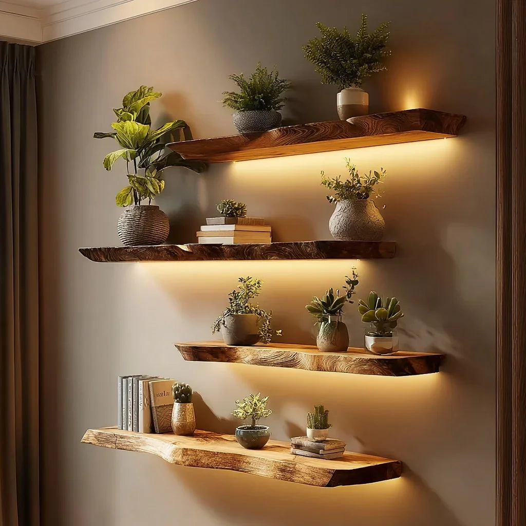 Solid wood floating shelves with LED lighting, decorated with plants and books on a wall. Rustic corner wooden floating shelves in a living room with curated display items