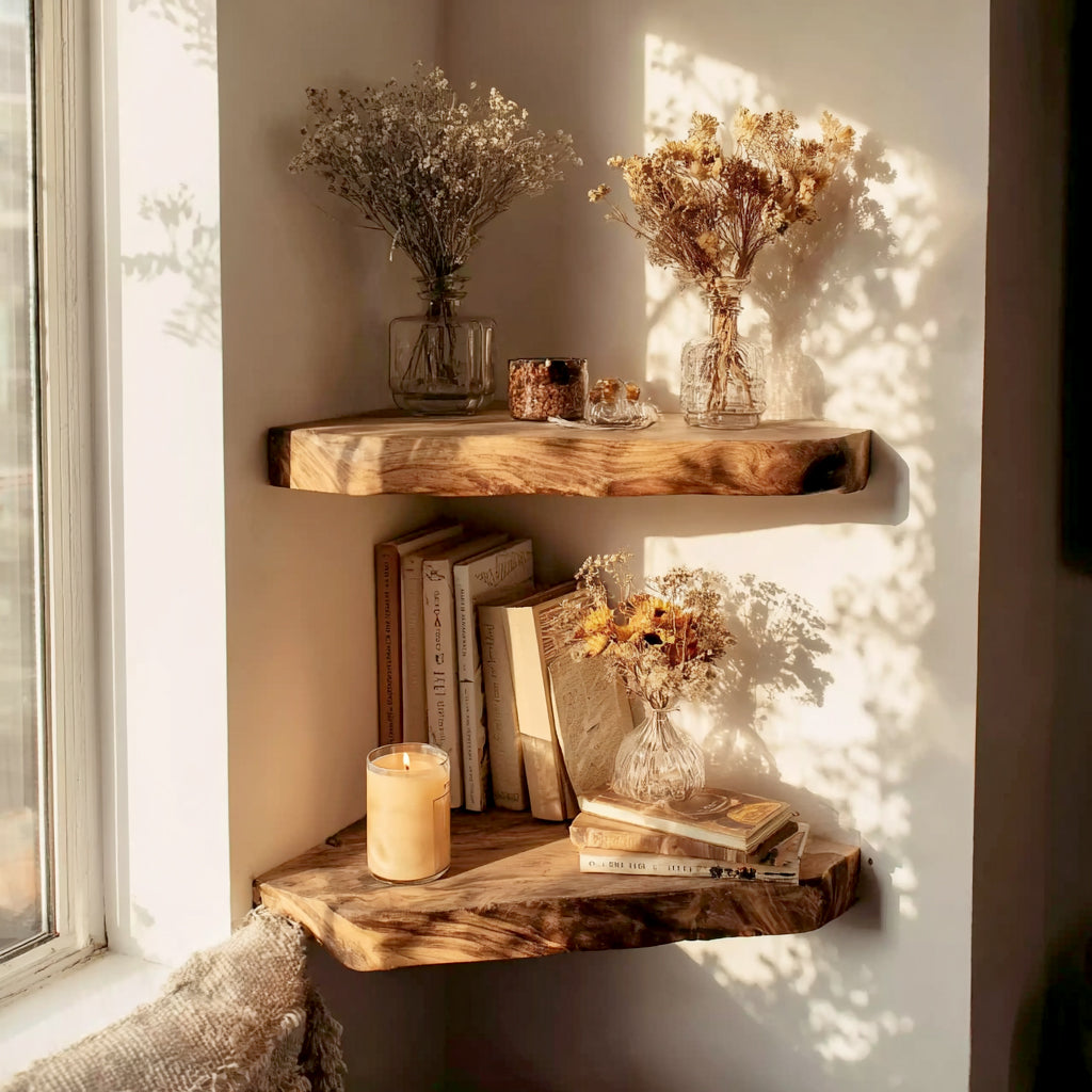Corner wooden shelves with dried flower vases, vintage books, and a lit candle in soft sunlight