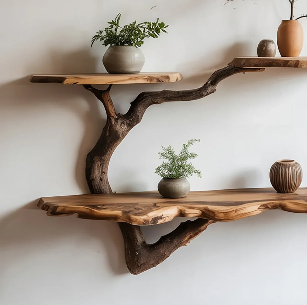 Live edge floating wooden shelves with natural tree branch design, decorated with potted plants.