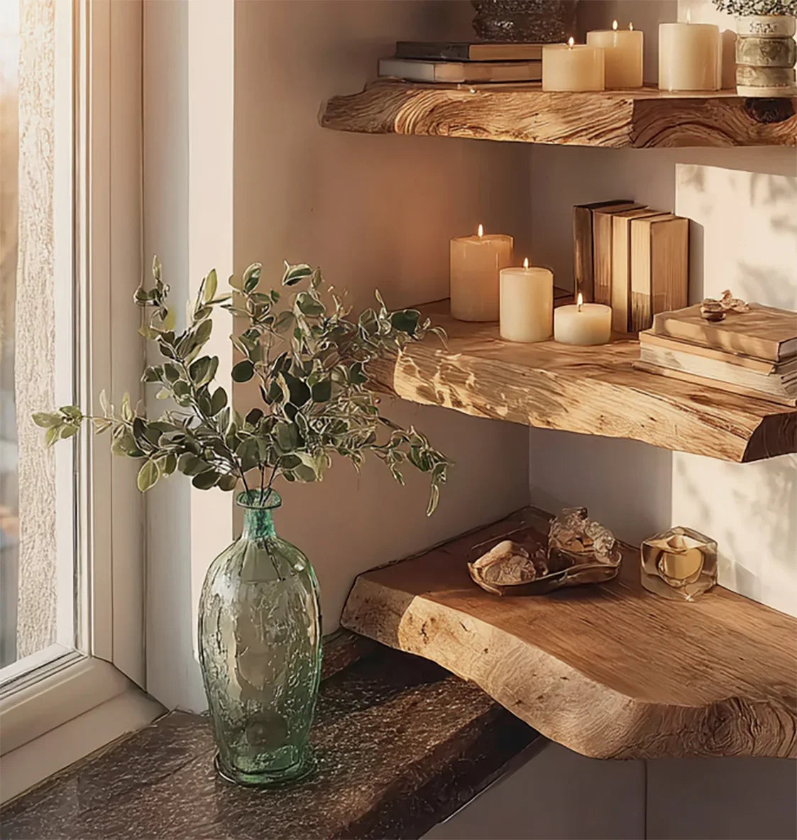 Cozy corner with natural wood shelves holding lit candles, books, and a green glass vase with leafy branches