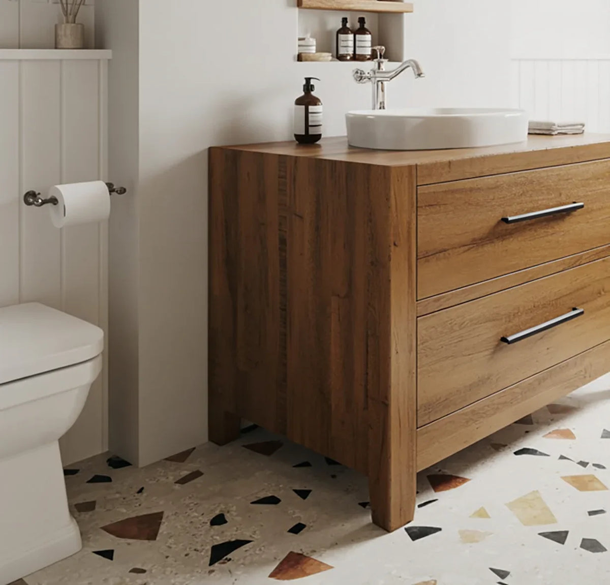 Solid wood bathroom vanity with drawers and vessel sink in modern bathroom