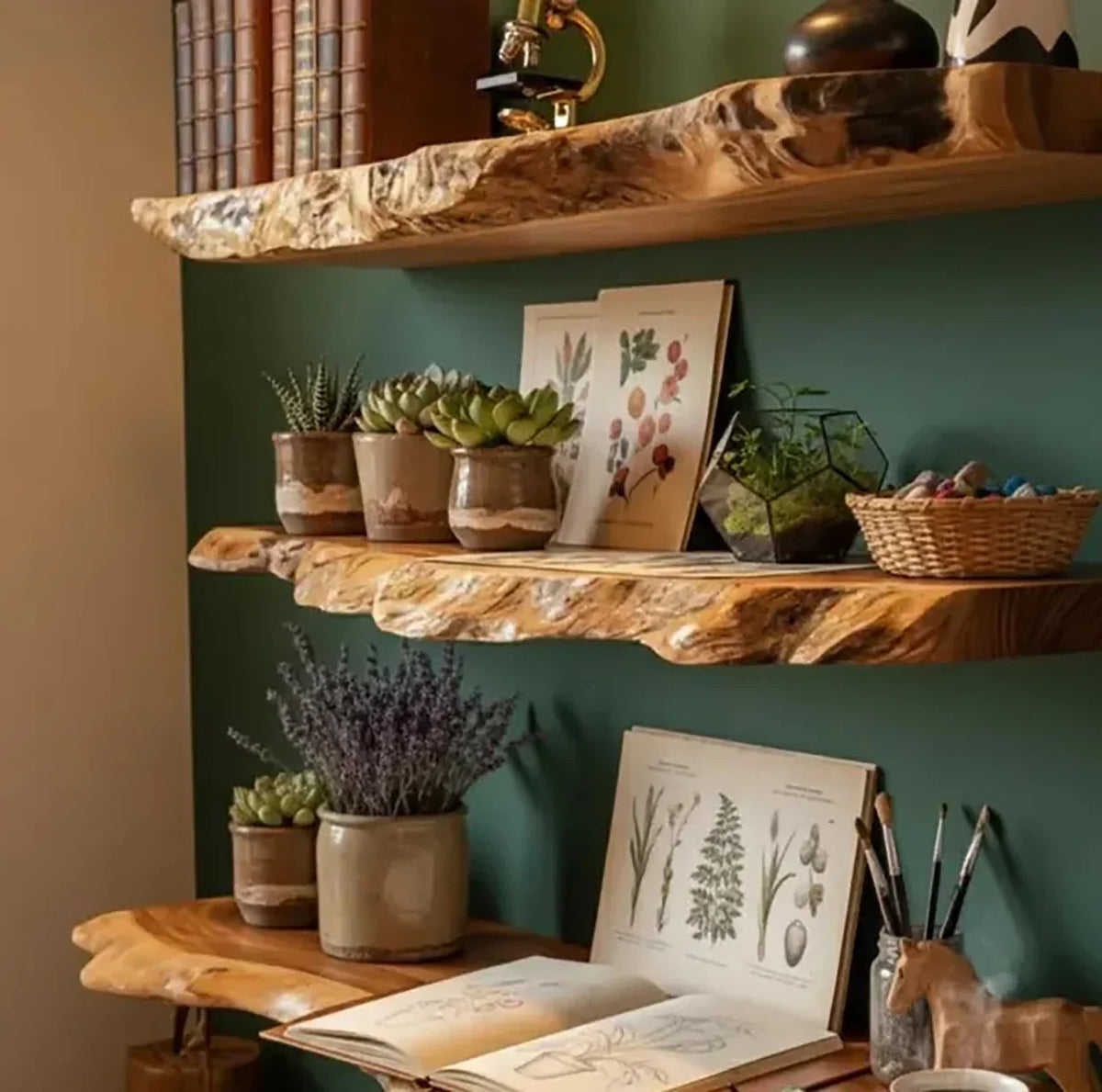 Live edge wooden floating shelves with potted succulents, books, and botanical prints