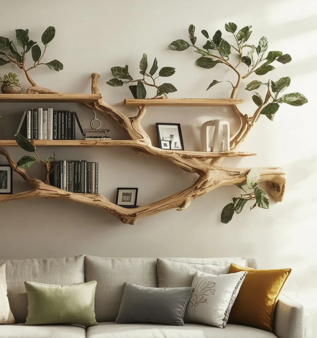 Live edge solid wood tree bookshelf with floating shelves and plants above a modern sofa.