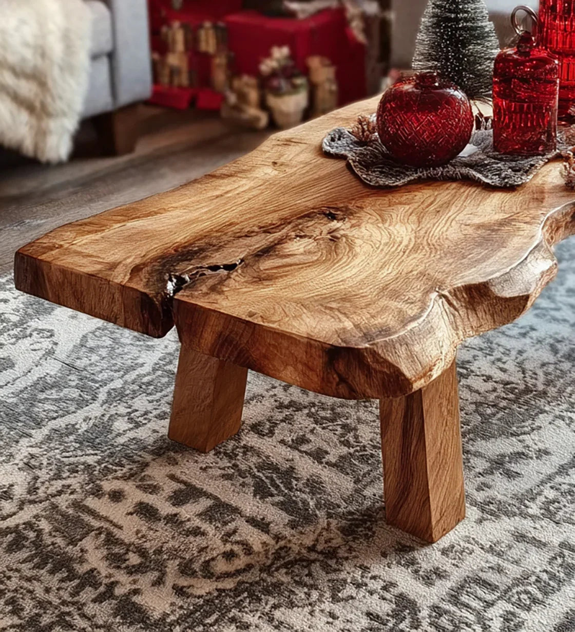 Natural wood live edge coffee table with red decorative glass jars on patterned rug in cozy living room
