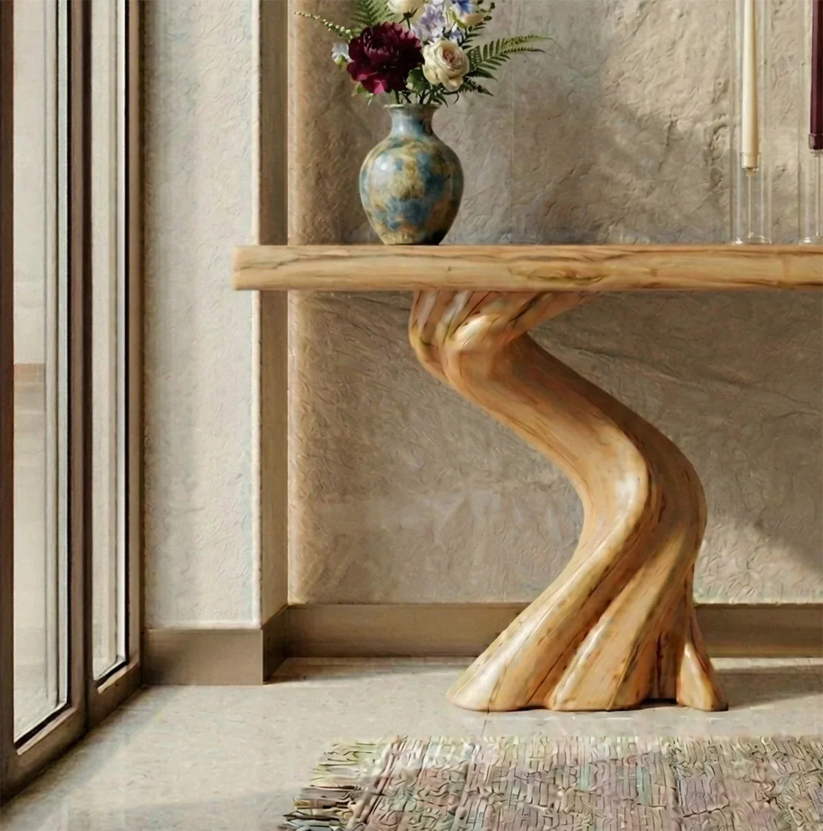 Solid wood live edge console table with twisted base and ceramic vase, modern interior