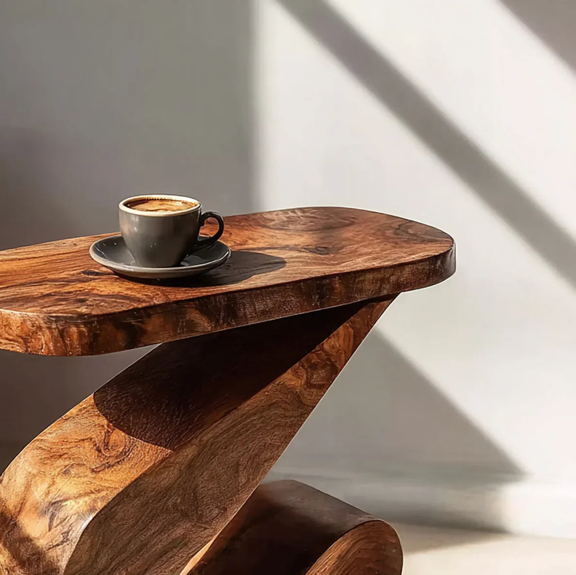 Grey coffee cup with latte art on modern wooden table in bright minimalist room