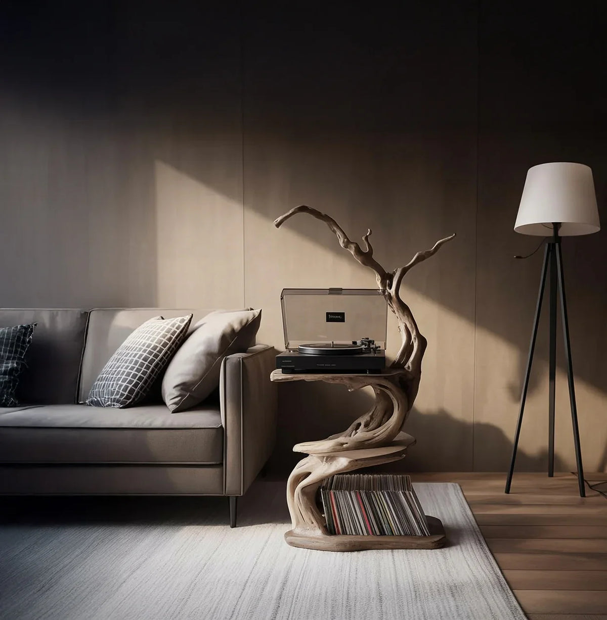 Modern living room with a live edge tree bookshelf, record player, vinyl storage, and sofa