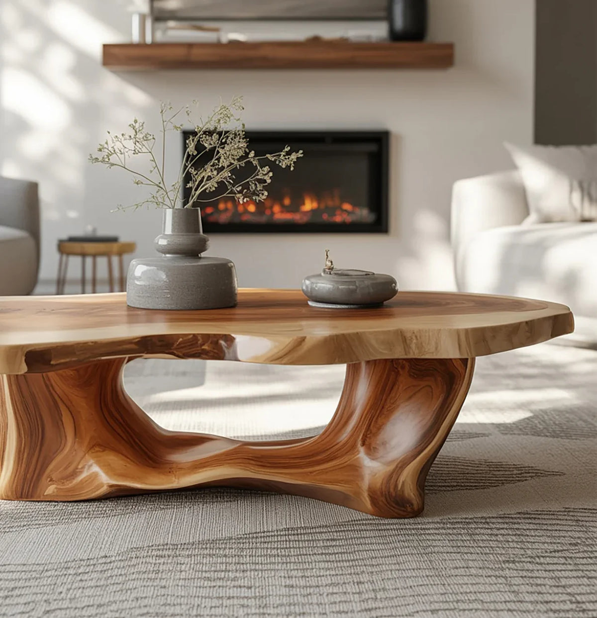 Modern living room with sculptural wooden coffee table, ceramic vases, and lit electric fireplace