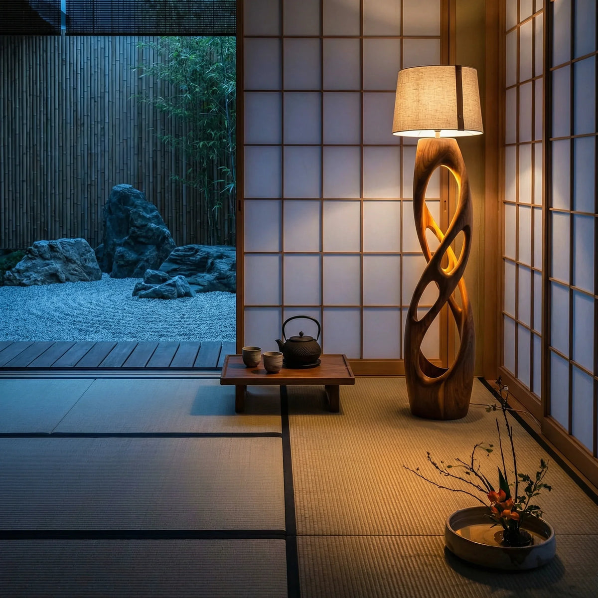 Japanese ryokan room with shoji screens, sculpted wood floor lamp, low tea table, and Zen garden view