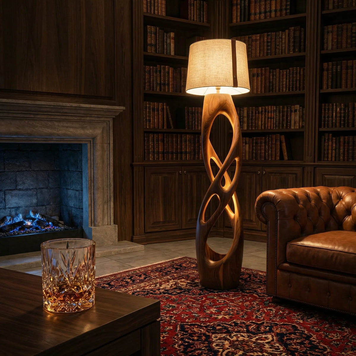 Modern solid wood floor lamp in cozy library with tufted leather sofa and fireplace