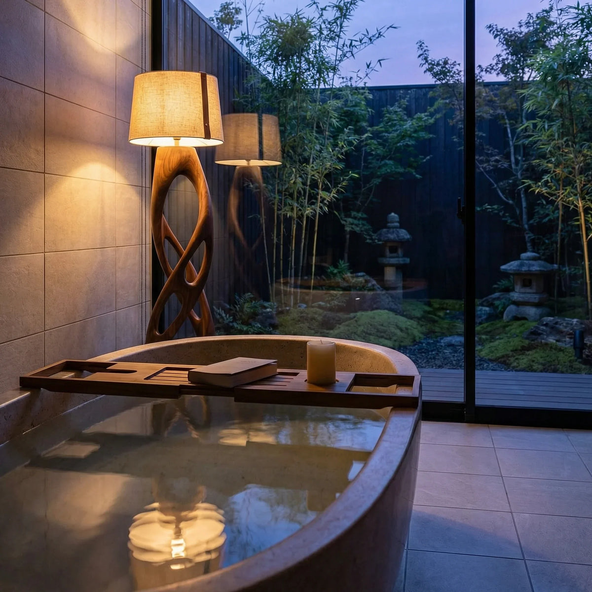 Modern spa bathroom with a stone bathtub, wooden floor lamp and a view of a serene garden