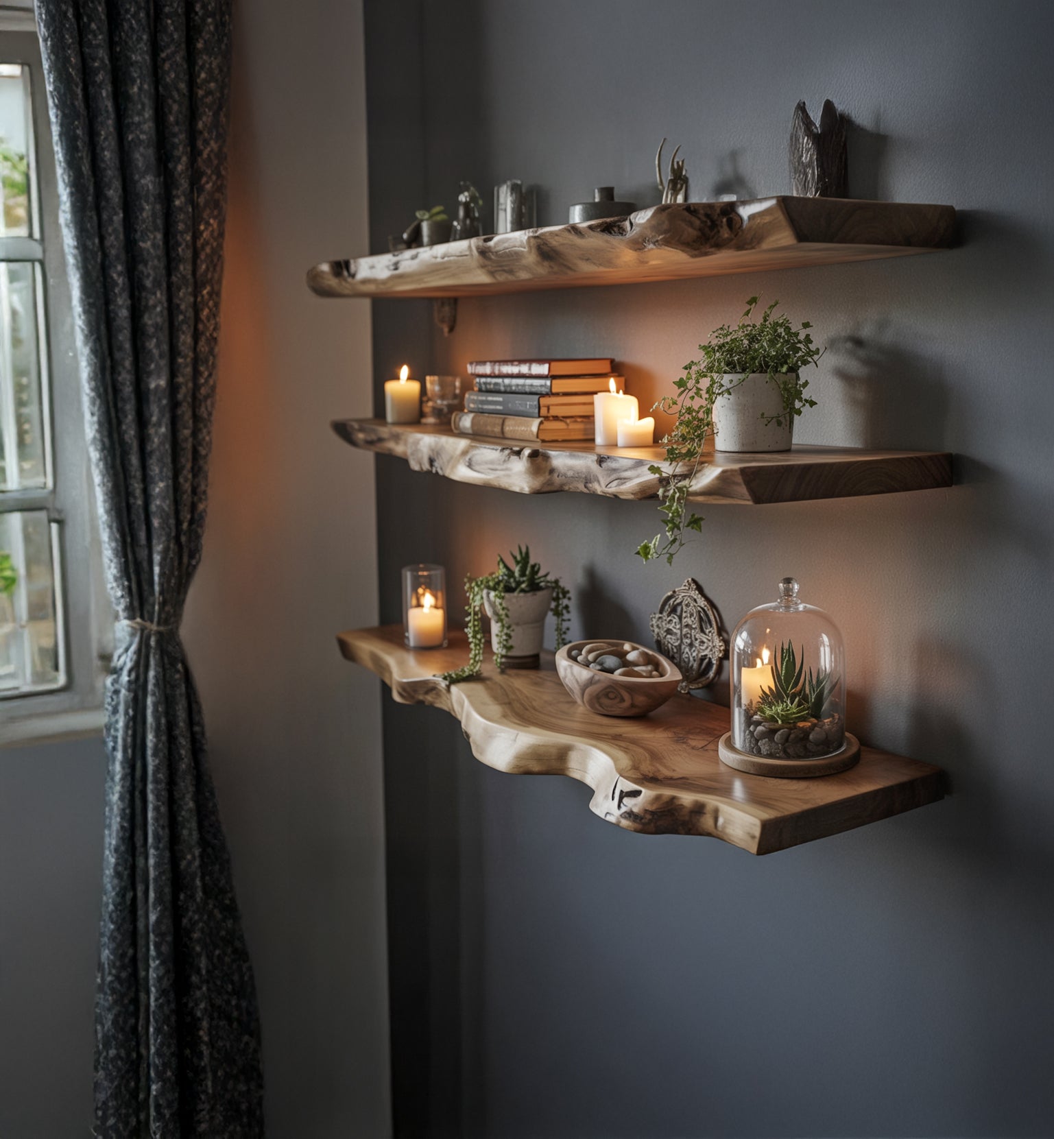 Natural wood floating shelves with candles, books, and potted plants in cozy room