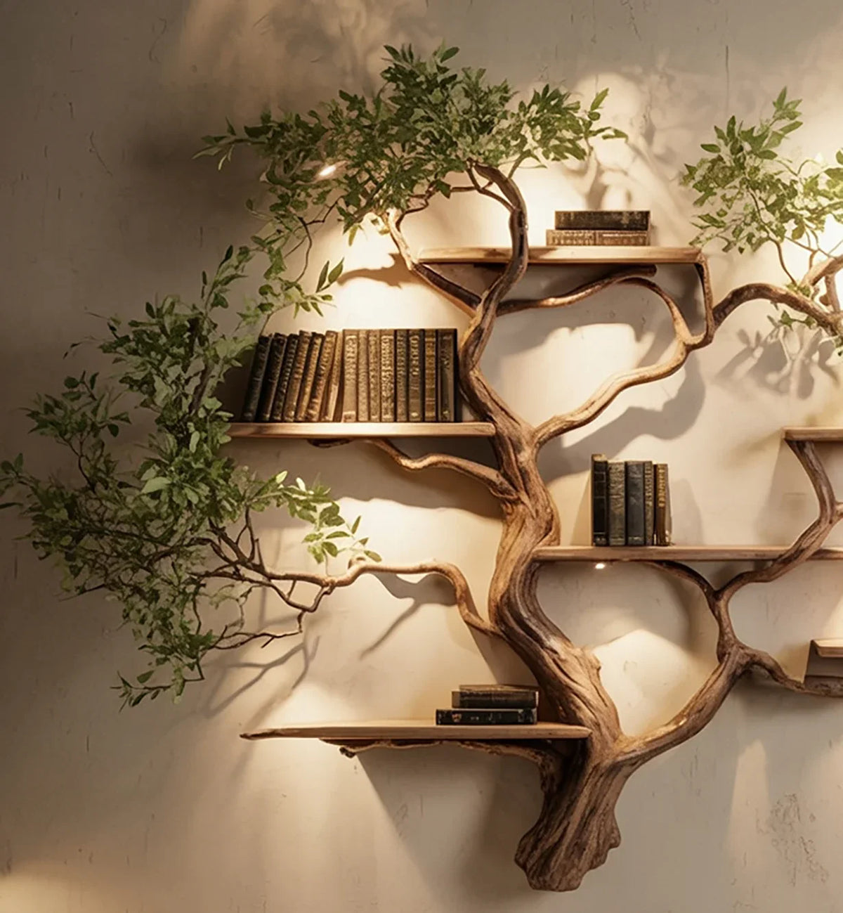 Wall-mounted wooden bookshelf shaped like a tree with green leaves and vintage books