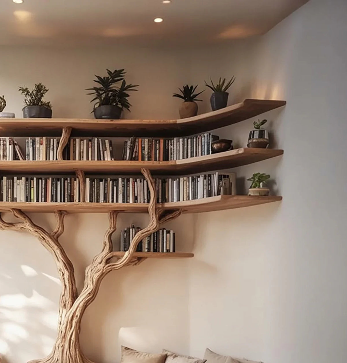 Unique wooden bookshelf shaped like a tree with books and potted plants in a cozy living room