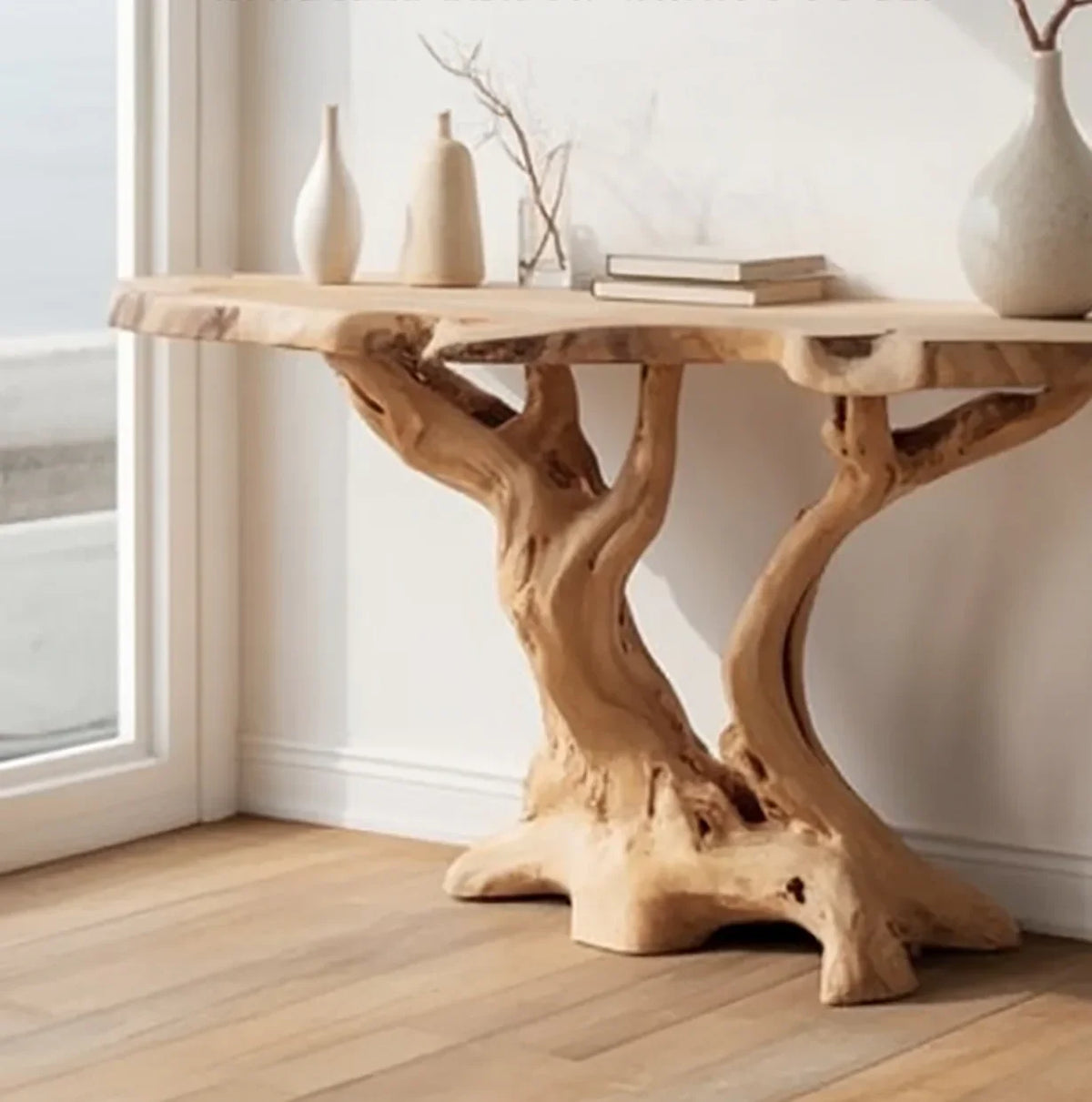 Live edge solid wood console table with natural tree base, minimalist decor