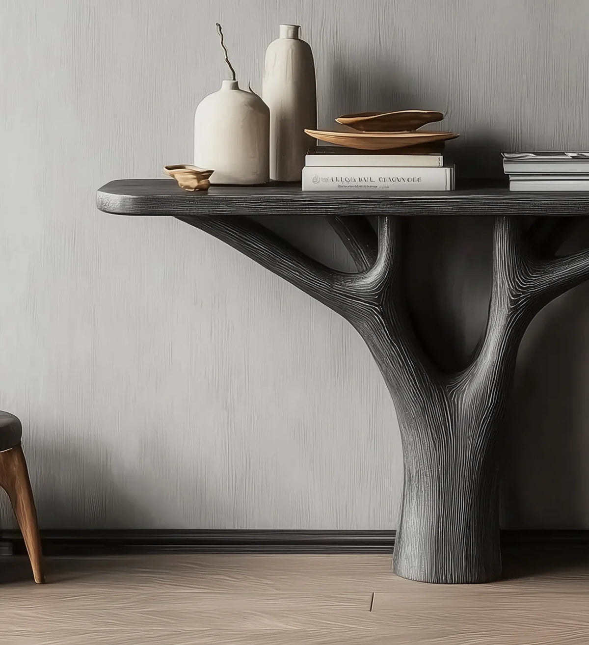 Modern black tree-branch style console table with white ceramic vases, wooden decor, and books in a minimalist room