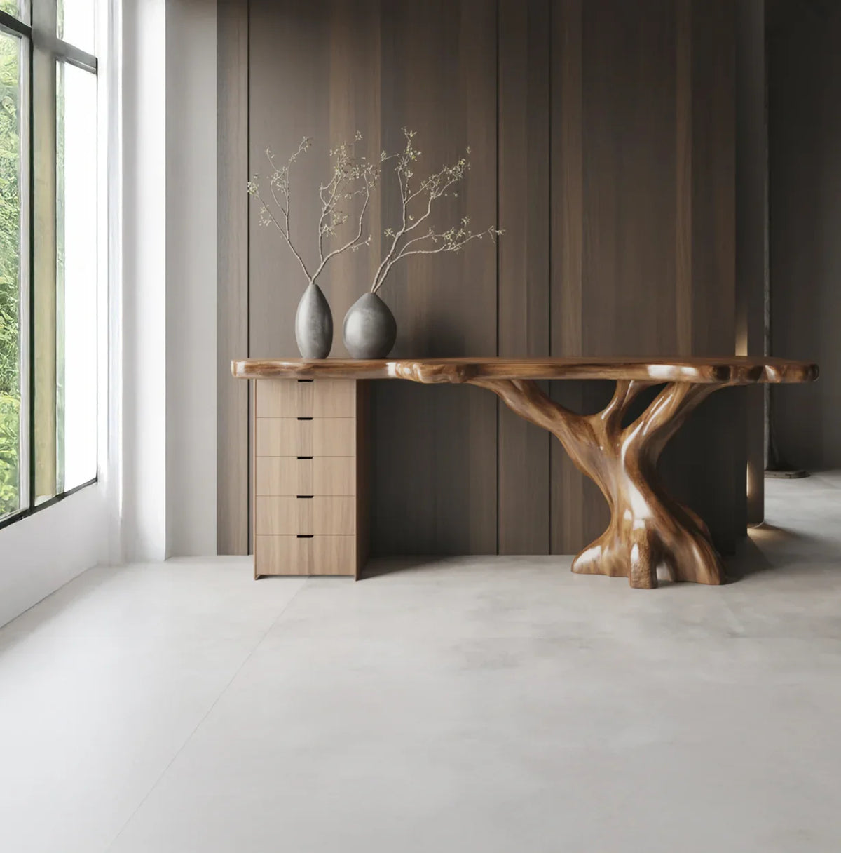 Live edge solid wood desk with sculptural base and minimalist vases in modern interior