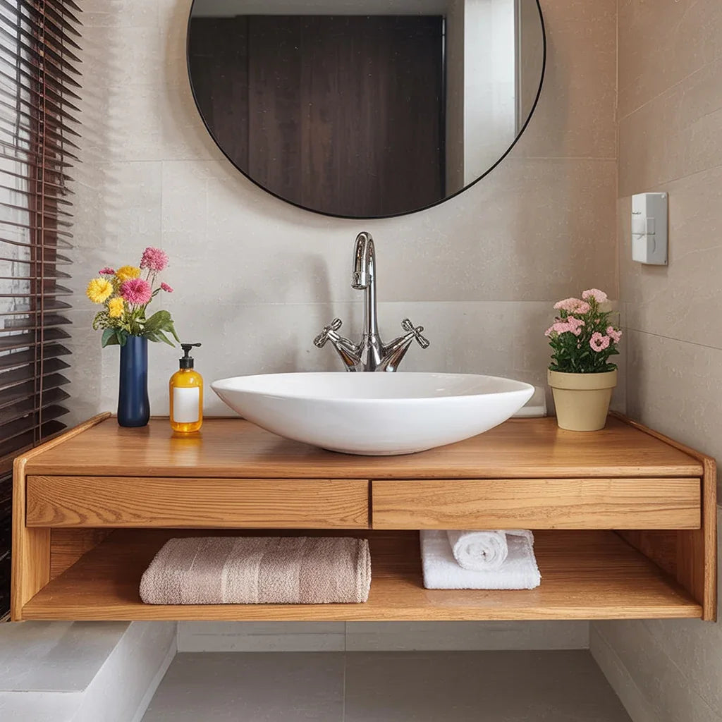Solid wood floating vanity with vessel sink, flowers, and towels in a modern bathroom