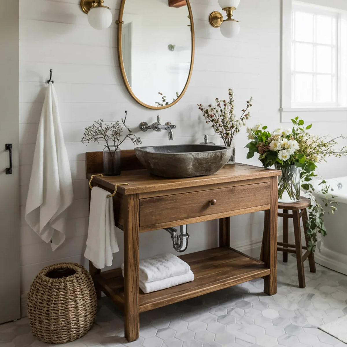 Solid wood bathroom vanity with stone vessel sink, flowers, and gold oval mirror in bright bathroom