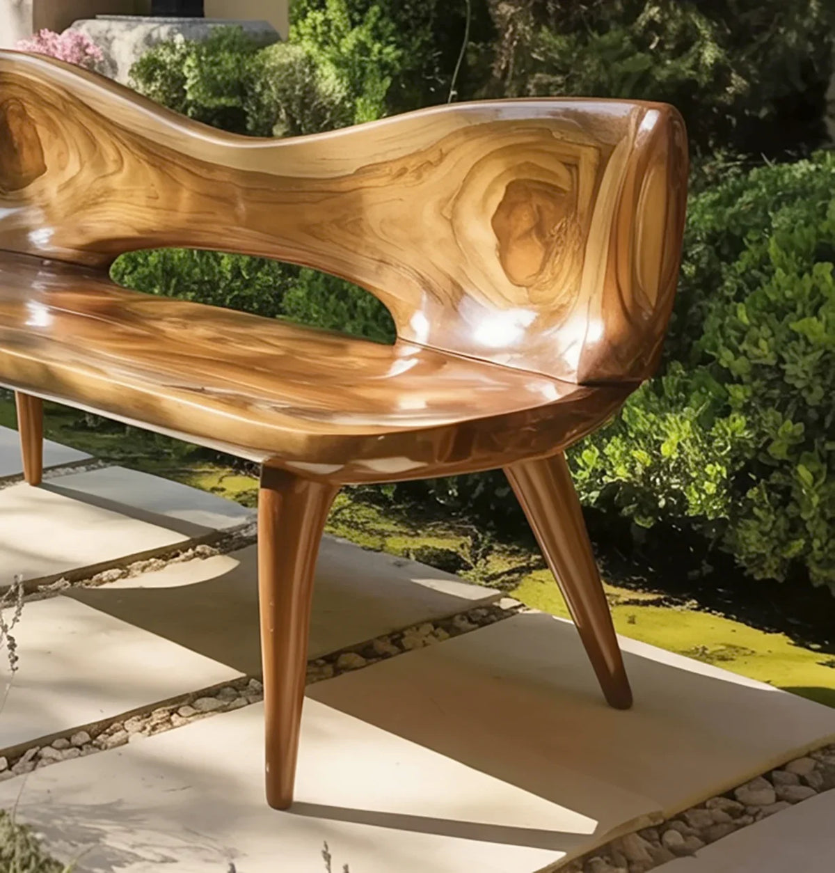 Live edge solid wood bench with curved backrest in a garden setting