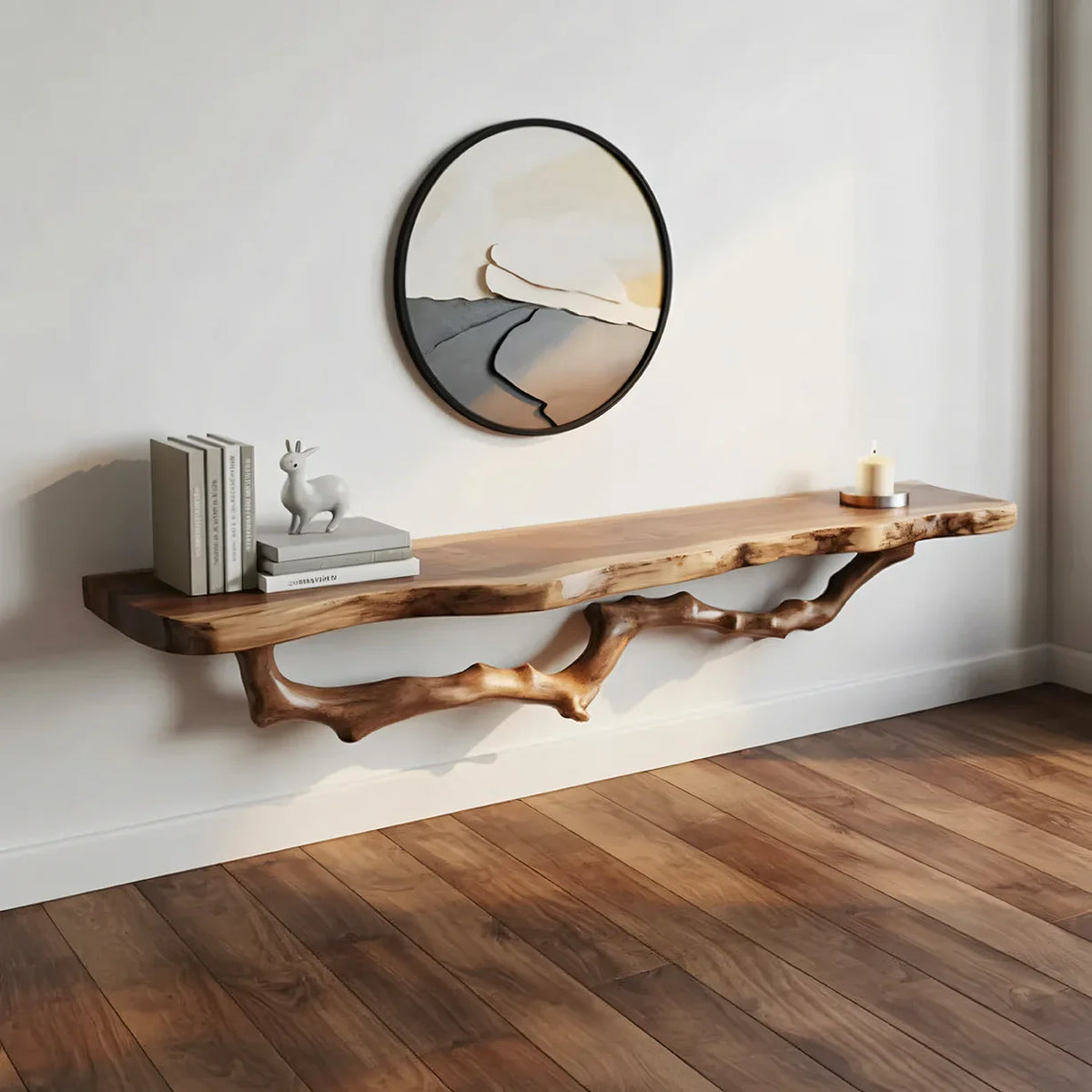 Live edge solid wood floating shelf with natural branch detail, books, decor, and candle