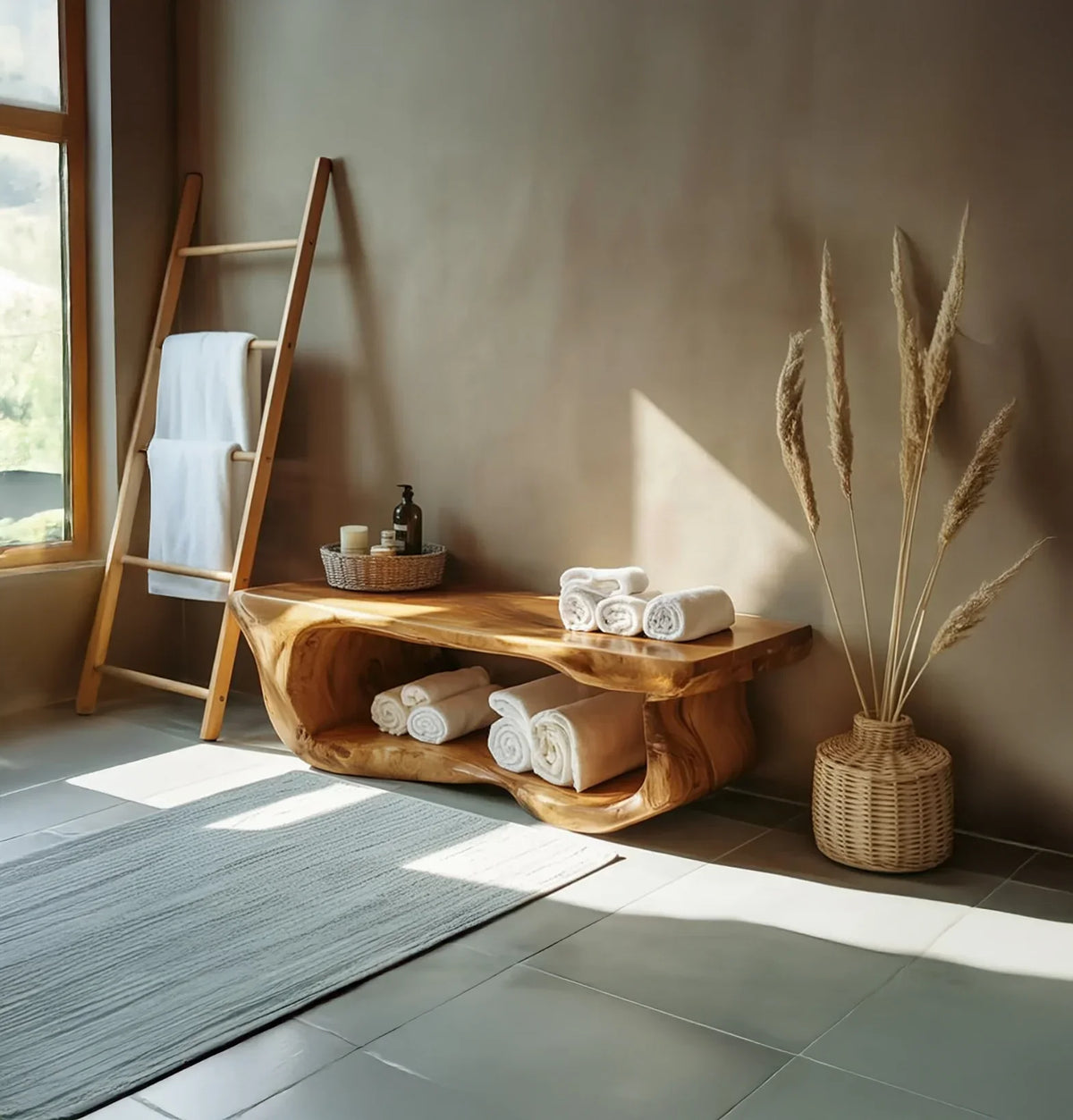 Solid wood live edge bench with rolled towels in a modern, sunlit bathroom setting