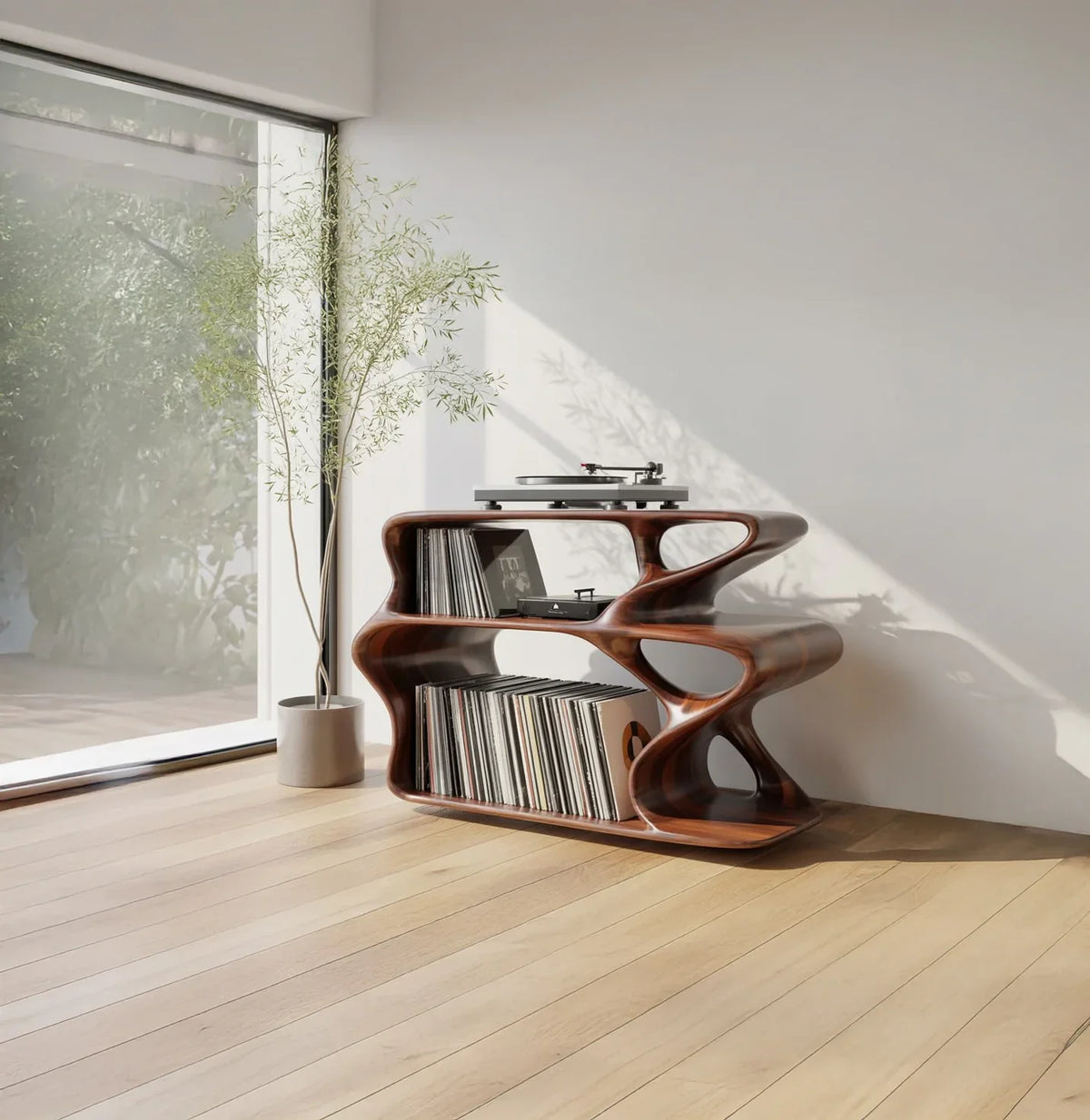 Sculptural solid wood record shelf with vinyl storage and turntable in modern living room