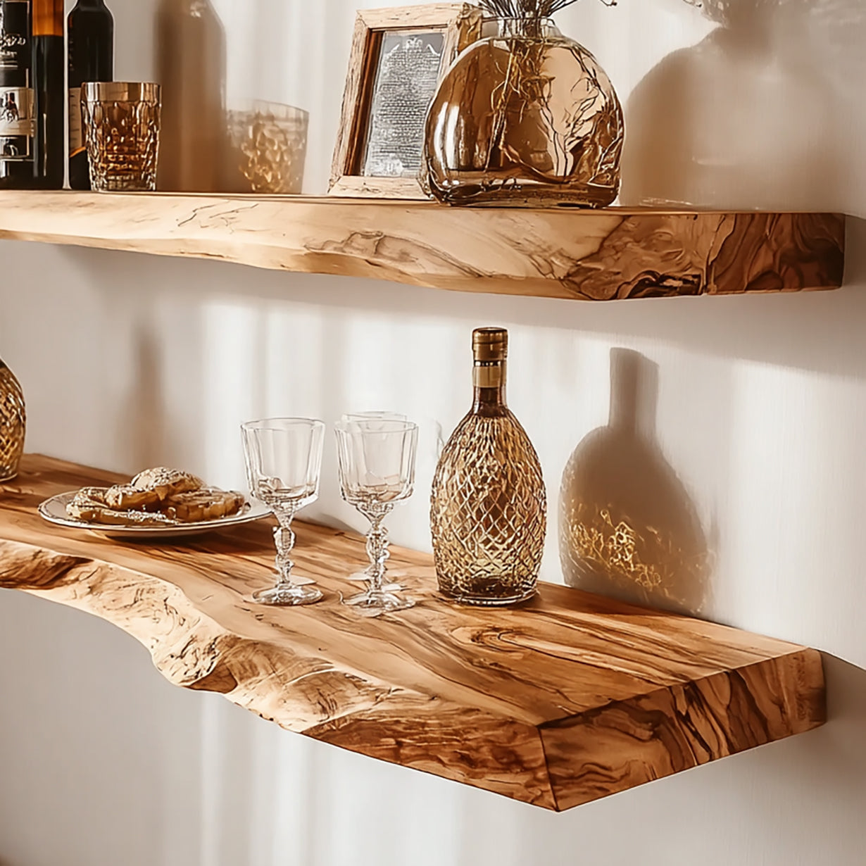 Rustic wooden floating shelves with glassware, decorative bottle, plate of pastries, and framed artwork