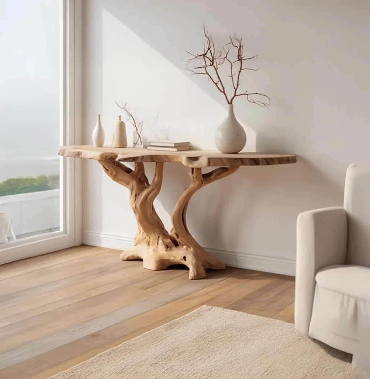 Live edge wood console table with sculpted tree branch base, styled in a modern living room