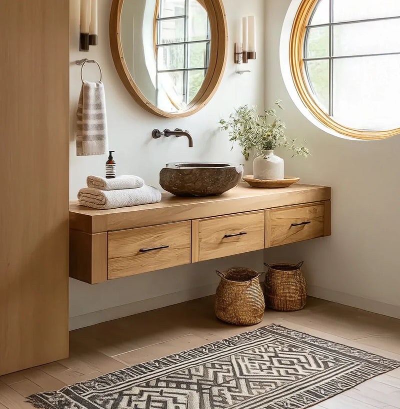Solid wood floating vanity with stone vessel sink, round mirror, and minimalist bathroom decor