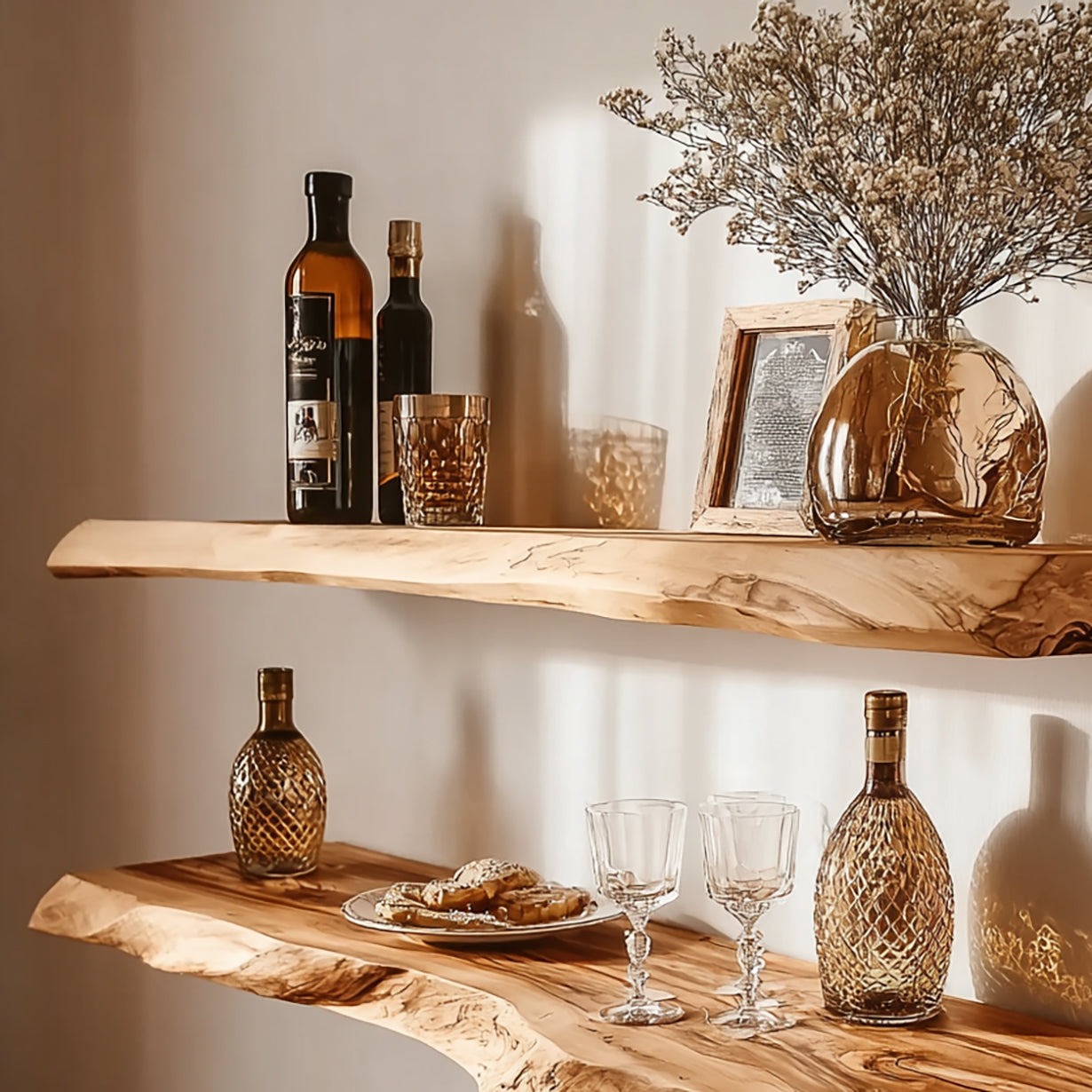 Decorative wooden shelves with brown bottles, crystal glasses, dried flowers in vase, and a framed photo